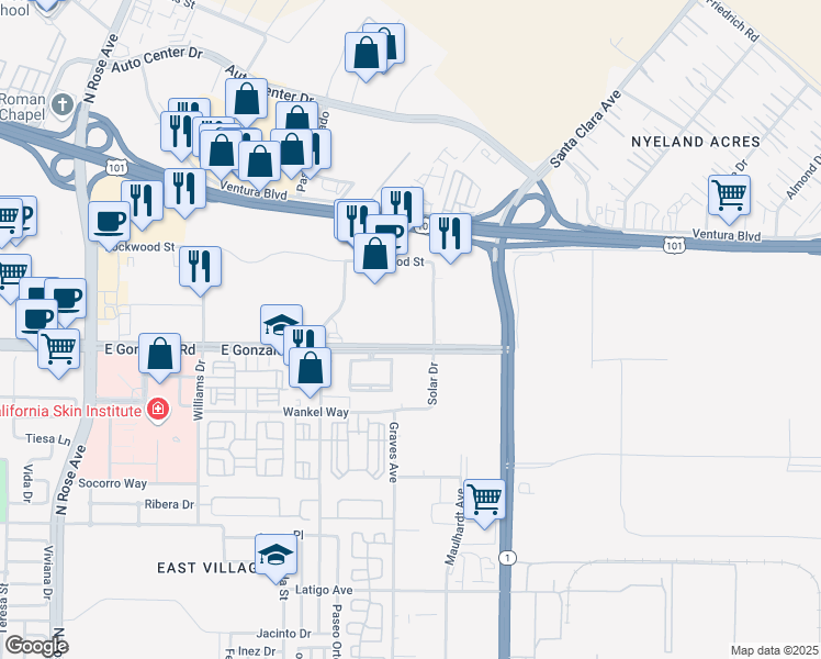 map of restaurants, bars, coffee shops, grocery stores, and more near 1901 Solar Drive in Oxnard