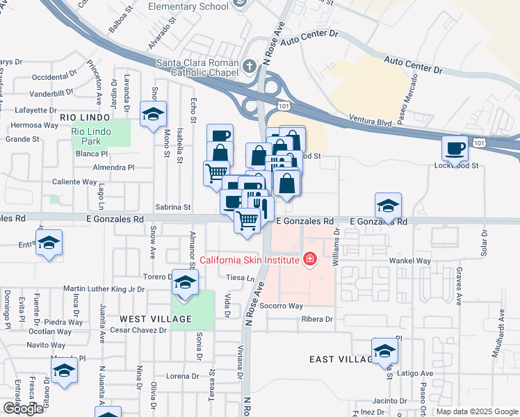 map of restaurants, bars, coffee shops, grocery stores, and more near 1901 N Rose Ave in Oxnard