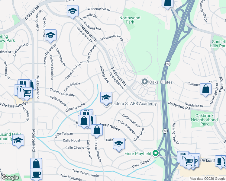 map of restaurants, bars, coffee shops, grocery stores, and more near 2957 Rollings Avenue in Thousand Oaks