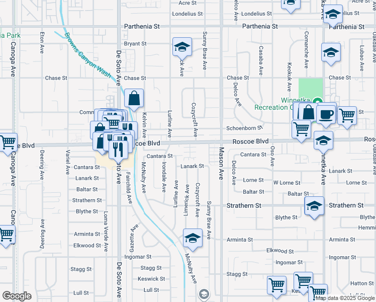 map of restaurants, bars, coffee shops, grocery stores, and more near 20617 Desert Ash Lane in Los Angeles