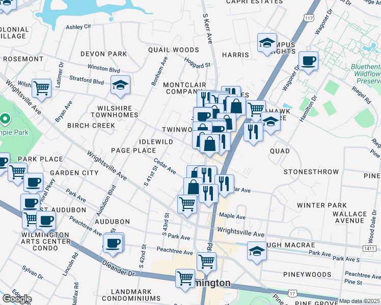 map of restaurants, bars, coffee shops, grocery stores, and more near 4240 Wilshire Boulevard in Wilmington