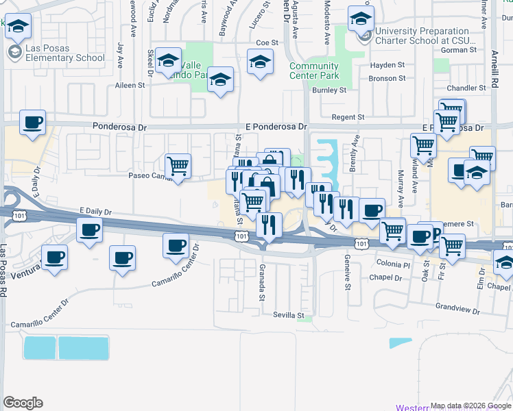 map of restaurants, bars, coffee shops, grocery stores, and more near 330 North Lantana Street in Camarillo