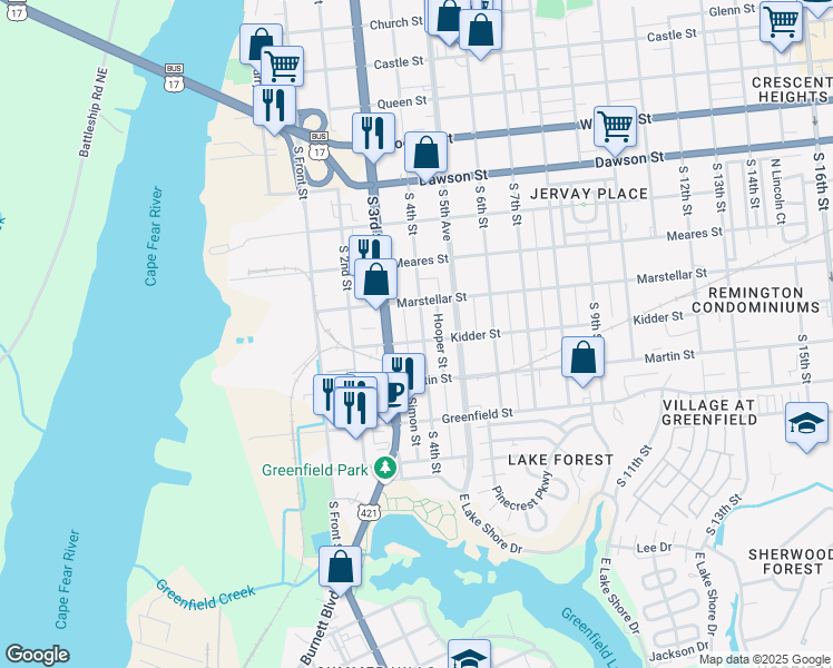 map of restaurants, bars, coffee shops, grocery stores, and more near 1218 South 4th Street in Wilmington