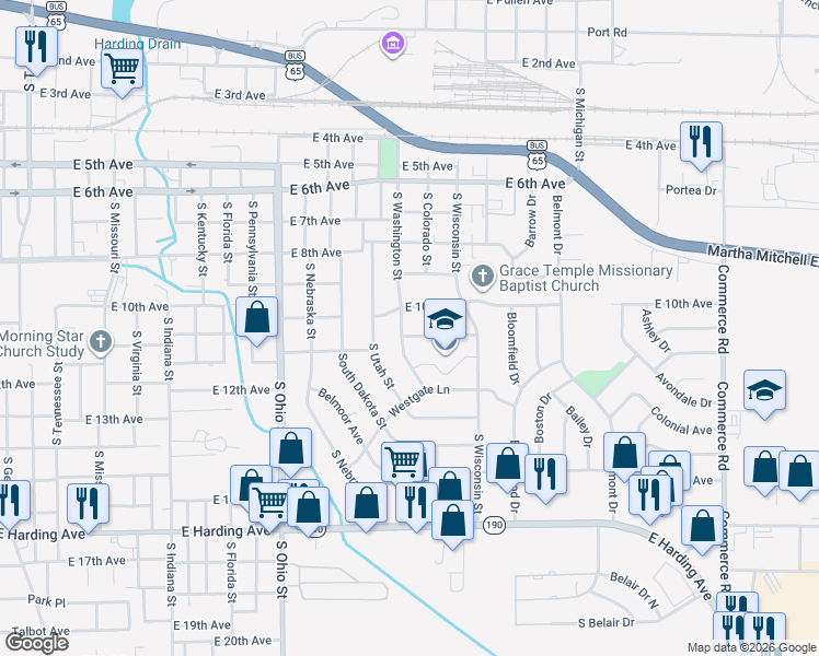map of restaurants, bars, coffee shops, grocery stores, and more near 1005 South Washington Street in Pine Bluff