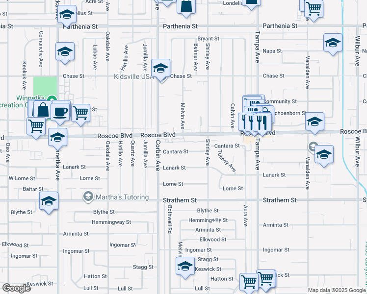 map of restaurants, bars, coffee shops, grocery stores, and more near 19561 Cantara Street in Los Angeles