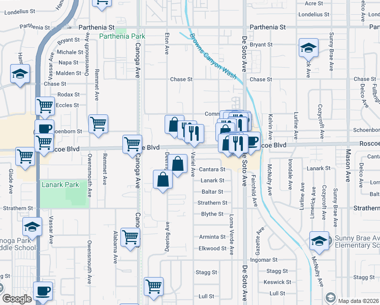map of restaurants, bars, coffee shops, grocery stores, and more near 8237 Variel Avenue in Los Angeles