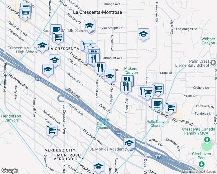 map of restaurants, bars, coffee shops, grocery stores, and more near 2515 Mary Street in La Crescenta-Montrose