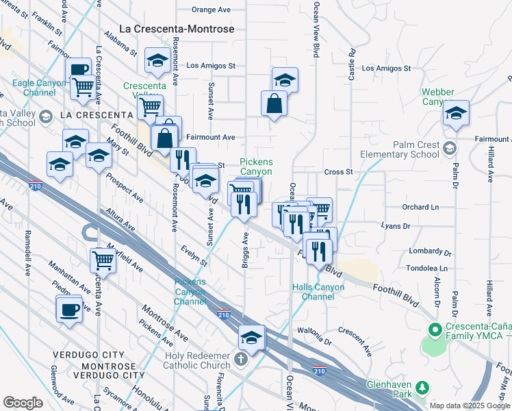 map of restaurants, bars, coffee shops, grocery stores, and more near 2348 Conle Way in La Cañada Flintridge