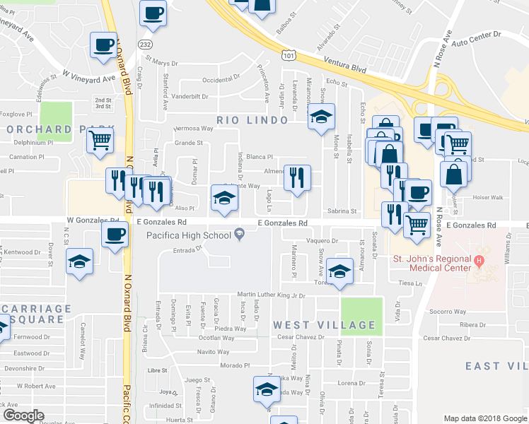 map of restaurants, bars, coffee shops, grocery stores, and more near 1917 Lago Lane in Oxnard