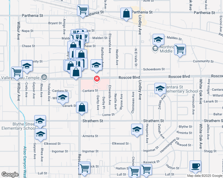 map of restaurants, bars, coffee shops, grocery stores, and more near 18261 Cantara Street in Los Angeles