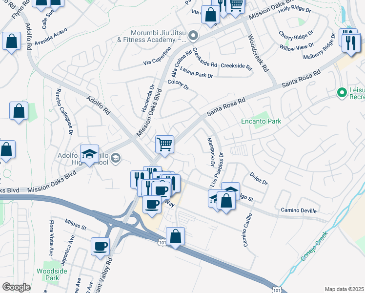 map of restaurants, bars, coffee shops, grocery stores, and more near 5084 Mesquite Street in Camarillo