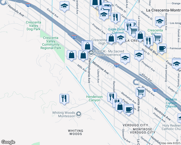 map of restaurants, bars, coffee shops, grocery stores, and more near 3948 Pennsylvania Avenue in Glendale