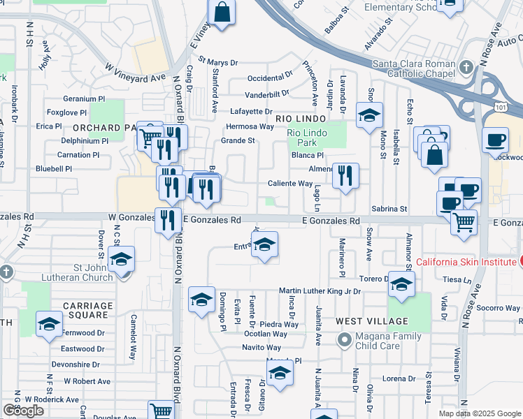 map of restaurants, bars, coffee shops, grocery stores, and more near 1912 Entrada Drive in Oxnard