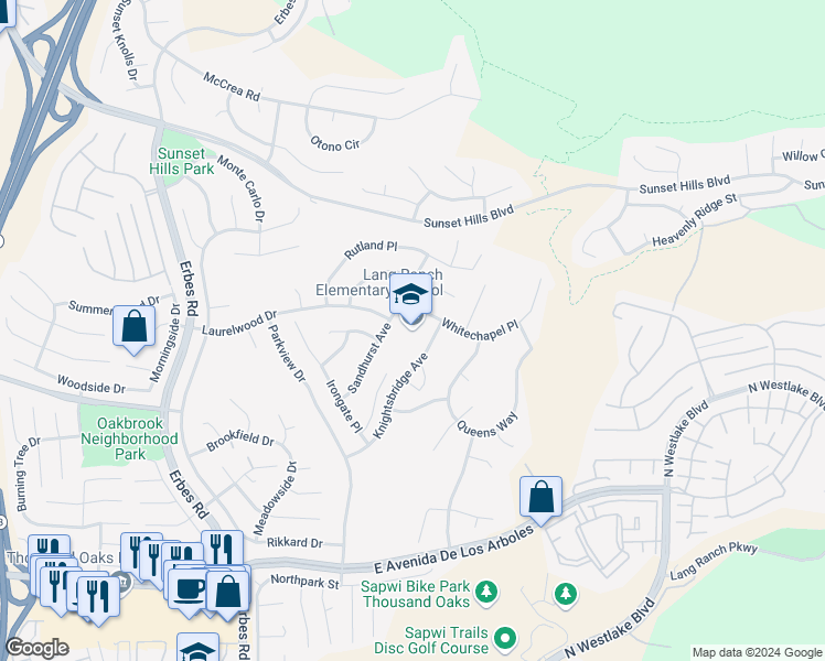 map of restaurants, bars, coffee shops, grocery stores, and more near 2450 Whitechapel Place in Thousand Oaks