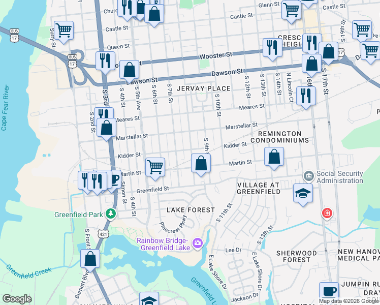 map of restaurants, bars, coffee shops, grocery stores, and more near 1225 South 8th Street in Wilmington
