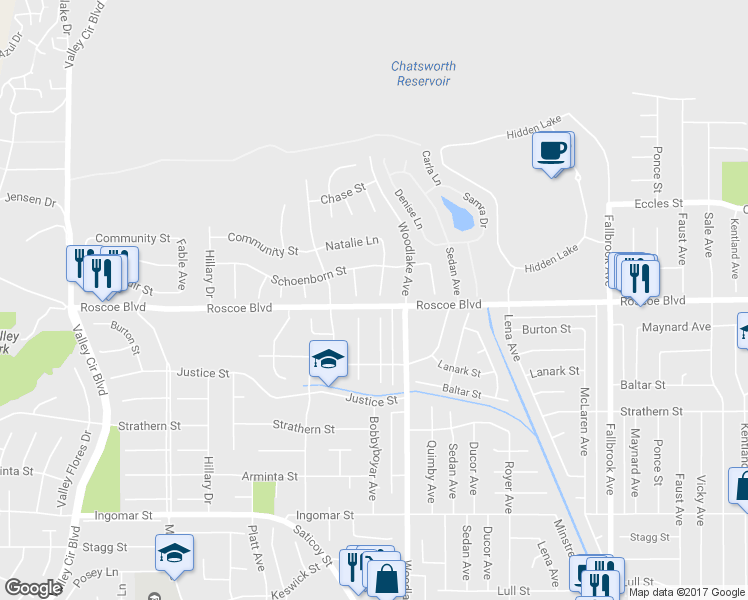 map of restaurants, bars, coffee shops, grocery stores, and more near 8303 Natalie Lane in Los Angeles