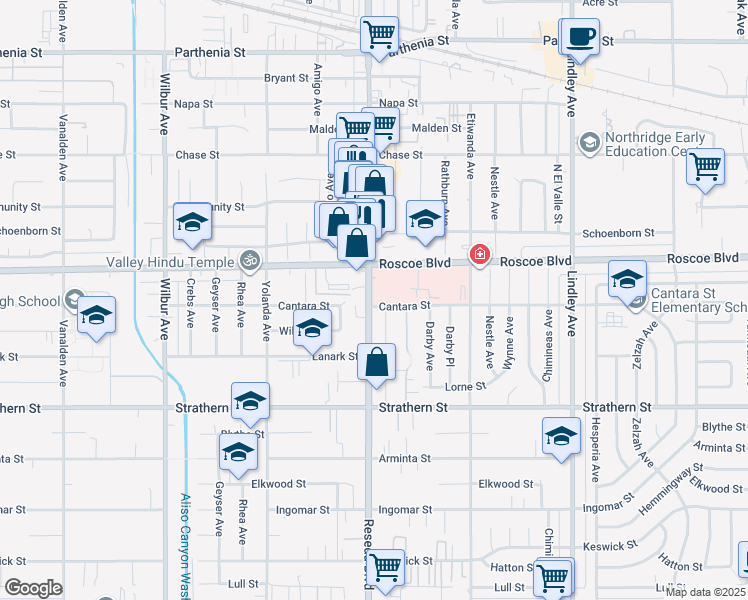 map of restaurants, bars, coffee shops, grocery stores, and more near 8220 Reseda Boulevard in Los Angeles
