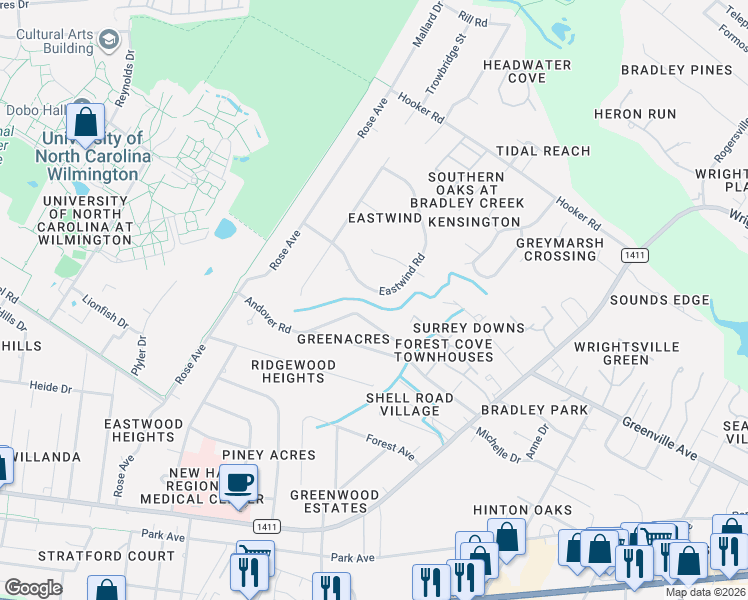 map of restaurants, bars, coffee shops, grocery stores, and more near 5430 Eastwind Road in Wilmington