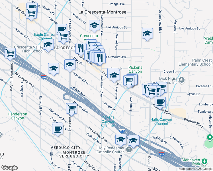 map of restaurants, bars, coffee shops, grocery stores, and more near 2534 Mary Street in La Crescenta-Montrose