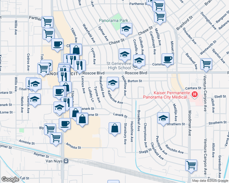 map of restaurants, bars, coffee shops, grocery stores, and more near 8111 Calhoun Avenue in Los Angeles
