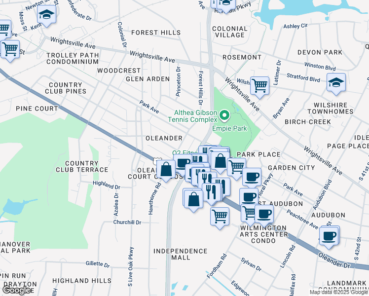 map of restaurants, bars, coffee shops, grocery stores, and more near 1317 Hawthorne Road in Wilmington