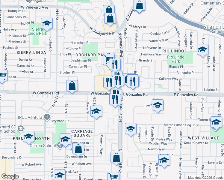map of restaurants, bars, coffee shops, grocery stores, and more near 141 West Gonzales Road in Oxnard
