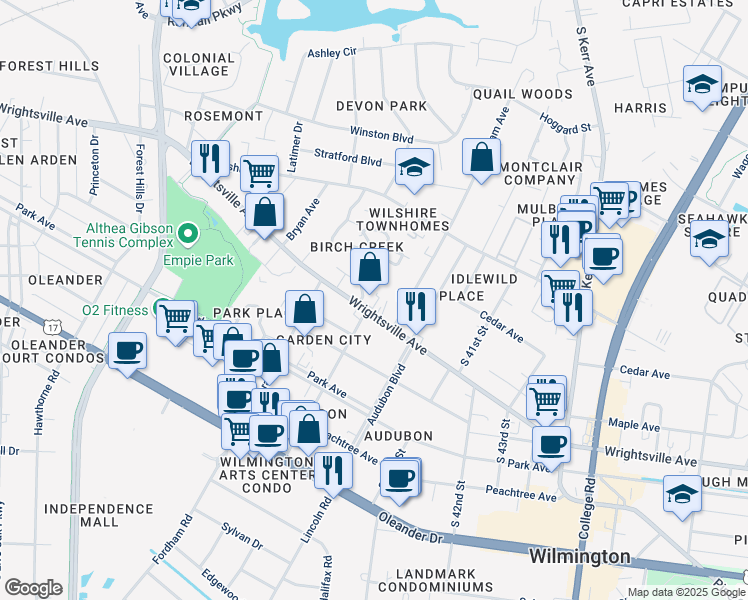 map of restaurants, bars, coffee shops, grocery stores, and more near 3901 Wrightsville Avenue in Wilmington