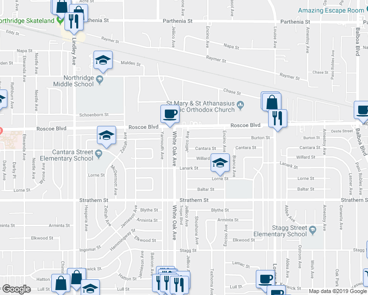 map of restaurants, bars, coffee shops, grocery stores, and more near 8201 Jellico Avenue in Los Angeles