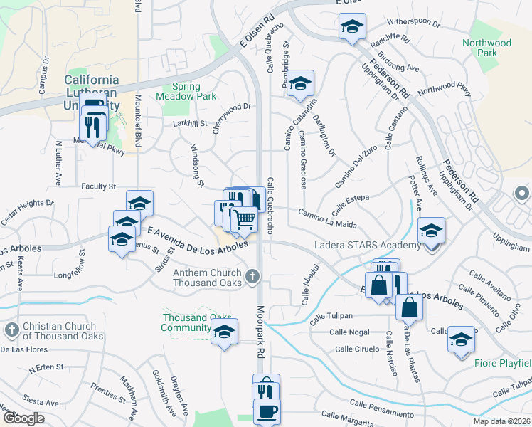 map of restaurants, bars, coffee shops, grocery stores, and more near 2875 Calle Quebracho in Thousand Oaks