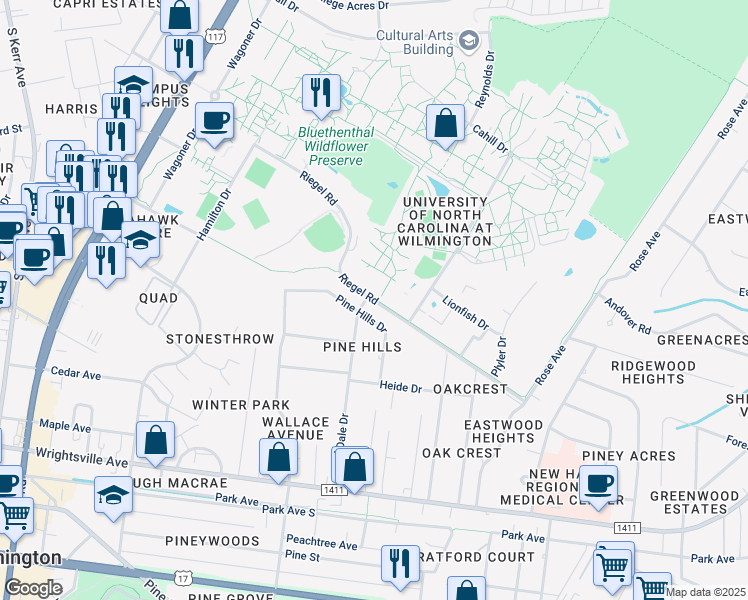 map of restaurants, bars, coffee shops, grocery stores, and more near Riegel Rd in Wilmington
