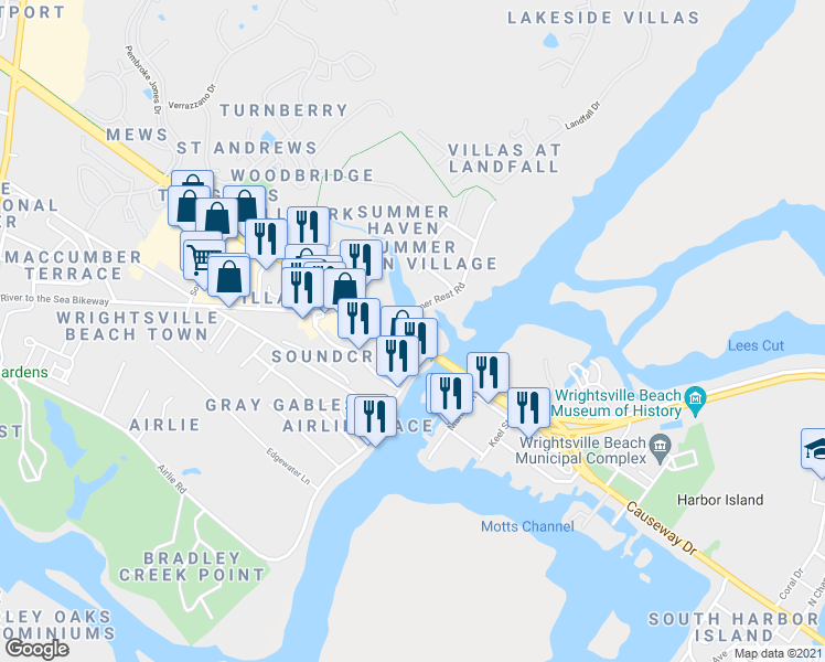map of restaurants, bars, coffee shops, grocery stores, and more near 7241 Wrightsville Avenue in Wilmington