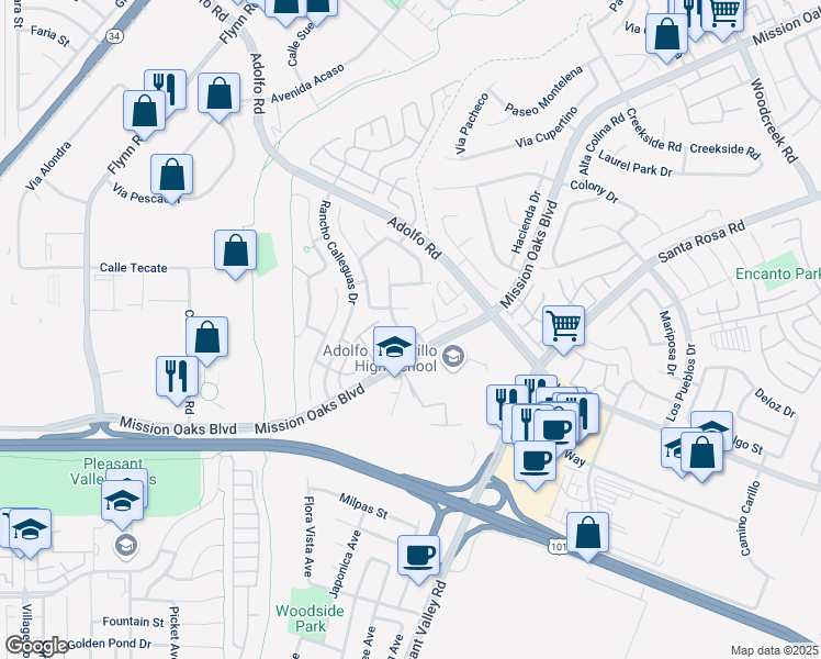 map of restaurants, bars, coffee shops, grocery stores, and more near 4521 Avenida Gaviota in Camarillo