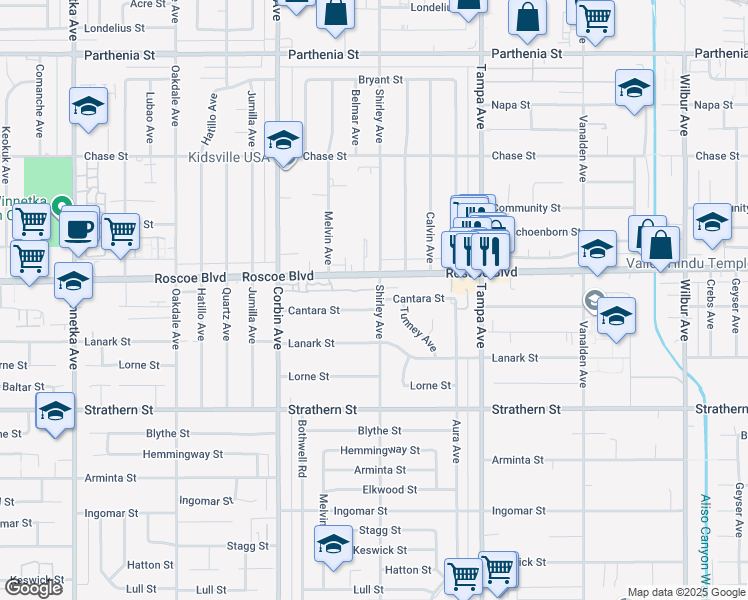 map of restaurants, bars, coffee shops, grocery stores, and more near 19503 Cantara Street in Los Angeles