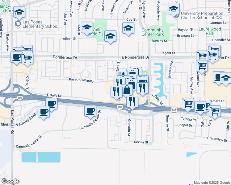 map of restaurants, bars, coffee shops, grocery stores, and more near 355 North Lantana Street in Camarillo