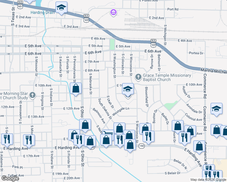 map of restaurants, bars, coffee shops, grocery stores, and more near 1005 South Washington Street in Pine Bluff