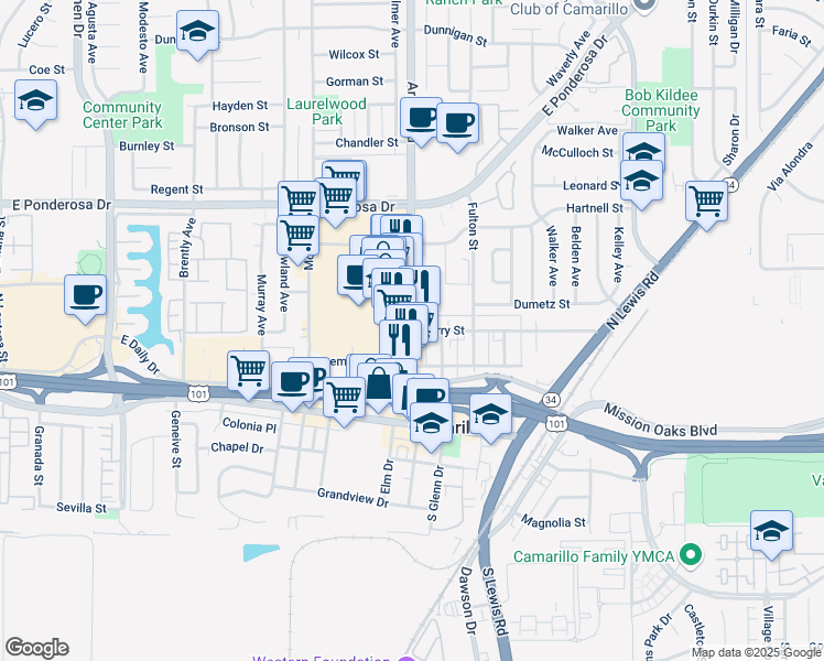 map of restaurants, bars, coffee shops, grocery stores, and more near Arneill Rd & Barry St in Camarillo