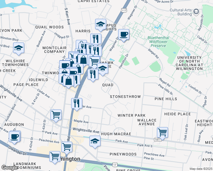 map of restaurants, bars, coffee shops, grocery stores, and more near 555 North MacMillan Avenue in Wilmington