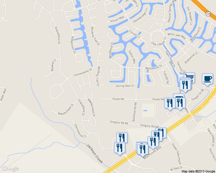 map of restaurants, bars, coffee shops, grocery stores, and more near 1016 Wellstone Court in Leland