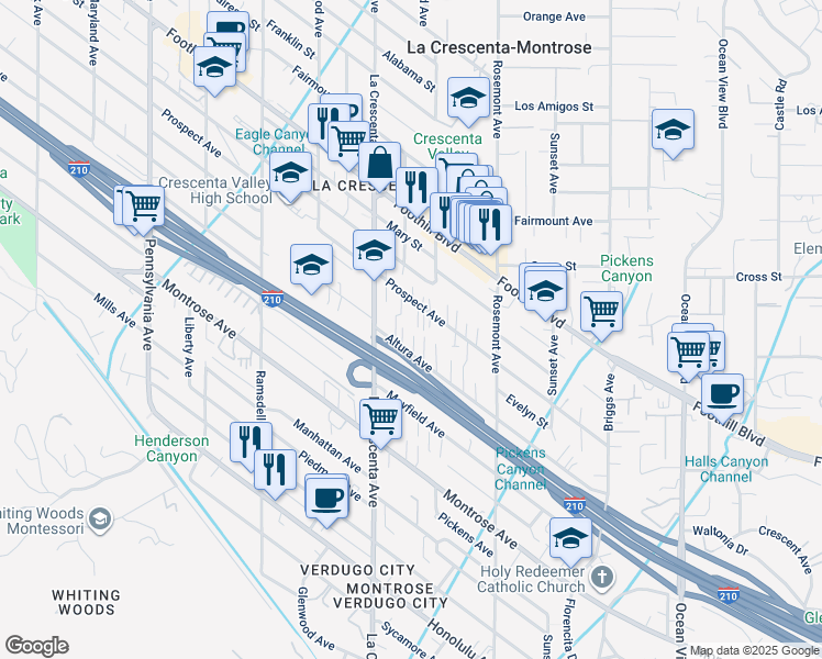 map of restaurants, bars, coffee shops, grocery stores, and more near 2731 Altura Avenue in La Crescenta-Montrose