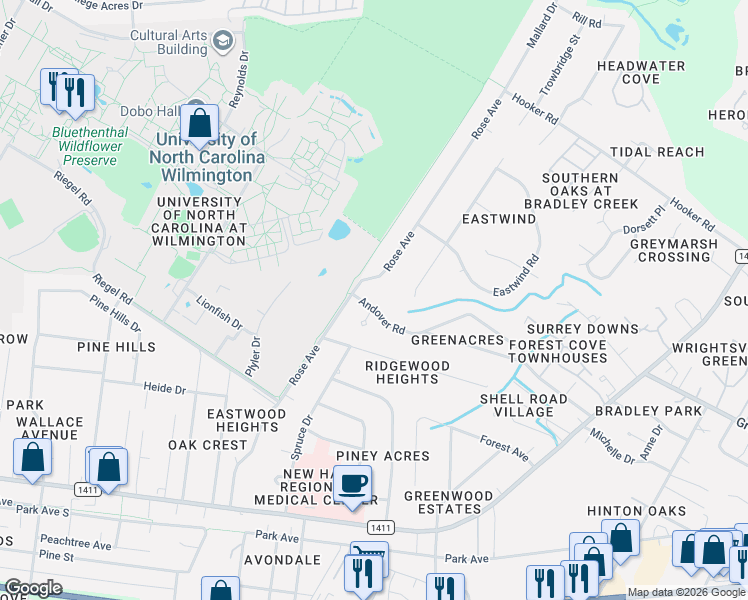 map of restaurants, bars, coffee shops, grocery stores, and more near 5309 Andover Road in Wilmington
