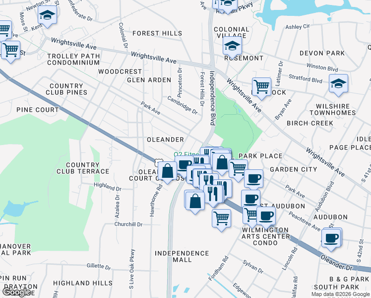 map of restaurants, bars, coffee shops, grocery stores, and more near 1317 Hawthorne Road in Wilmington