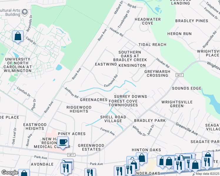 map of restaurants, bars, coffee shops, grocery stores, and more near 5442 Eastwind Road in Wilmington