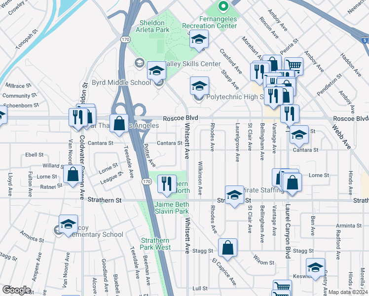 map of restaurants, bars, coffee shops, grocery stores, and more near 8159 Whitsett Avenue in Los Angeles