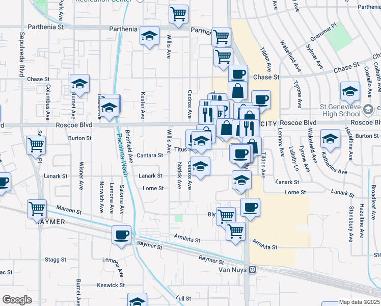 map of restaurants, bars, coffee shops, grocery stores, and more near 8159 Cedros Avenue in Los Angeles
