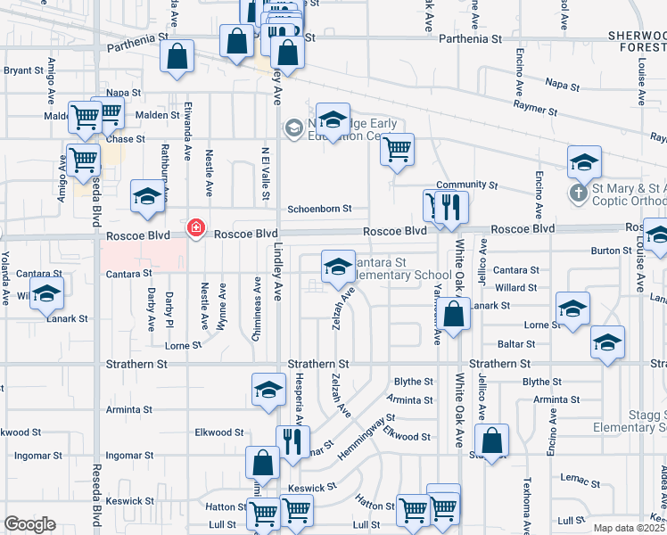 map of restaurants, bars, coffee shops, grocery stores, and more near 17955 Cantara Street in Los Angeles