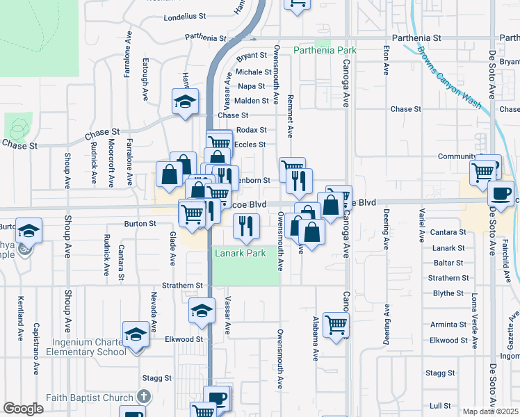 map of restaurants, bars, coffee shops, grocery stores, and more near 21812 Roscoe Boulevard in Los Angeles