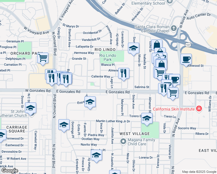 map of restaurants, bars, coffee shops, grocery stores, and more near 1917 Lago Lane in Oxnard