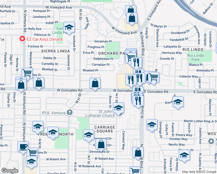 map of restaurants, bars, coffee shops, grocery stores, and more near 465 West Gonzales Road in Oxnard