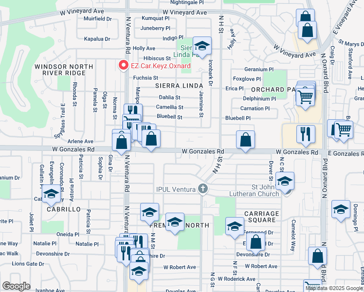 map of restaurants, bars, coffee shops, grocery stores, and more near 1910 Lantana Street in Oxnard