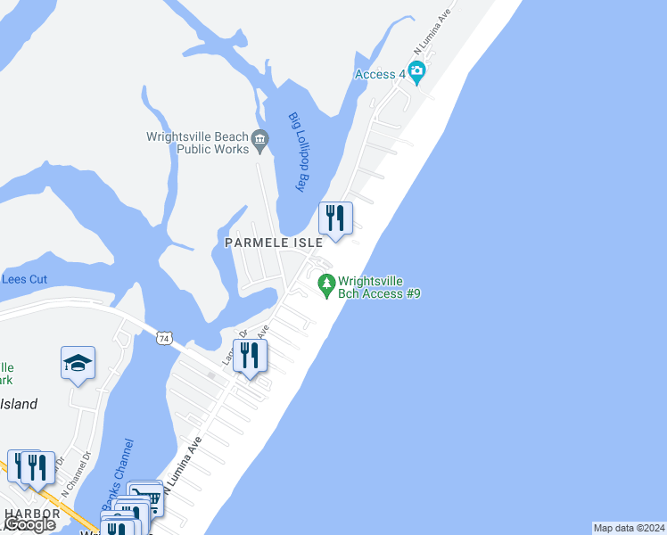 map of restaurants, bars, coffee shops, grocery stores, and more near 1704 North Lumina Avenue in Wrightsville Beach